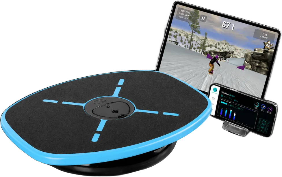 GoBalance board with tablet and phone showing the GoBalance app